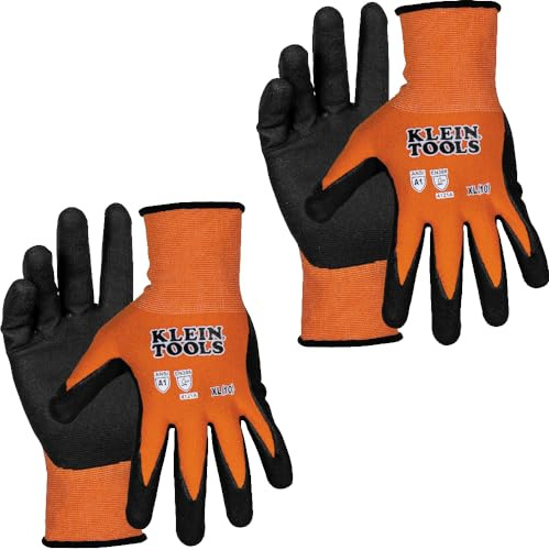 Klein Tools 60582 Work Gloves, Knit Dipped Cut Resistant ANSI A1 Nitrile Coated Gloves, Nylon-Spandex, Touchscreen Capable, X-Large, 2-Pair