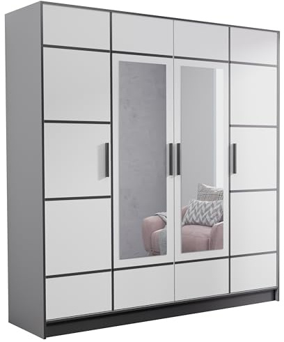 KIER FURNITURE Viertüriger Kleiderschrank Roj4D - Moderner Kleiderschrank aus Laminierter Spanplatte - Ausziehbarer Kleiderbügel - Praktische Garderobe - 206,4x205x39 cm Weiß