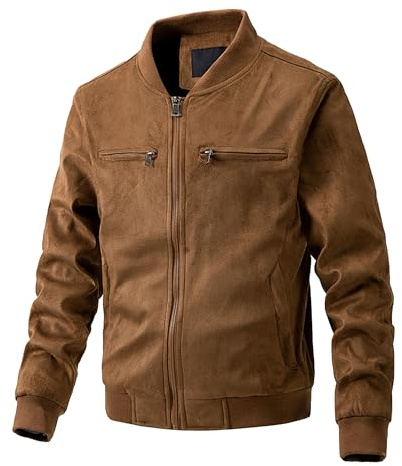 ZDJSWJ Hommes faux daim Bomber Jacket léger baseball cuir flightsuit Casual Campus col montant Soft jacket (Le Brun,3XL)