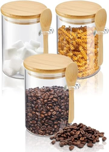 KRV Store 3-Pack 500ml/17 oz Overnight Oats Glass Jars with Bamboo Lids and Spoon, Airtight Glass Mason Overnight Oats Containers, Ideal Storage for Coffee, Tea, Sugar, Salt, Spice, Porridge and more