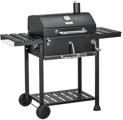 Barbacoa de carbón Outsunny, barbacoa de camping con dos parrillas, estante lateral plegable, carro de barbacoa con estante, asa para barbacoa, acero inoxidable, negro, 120 x 64 x 114 cm