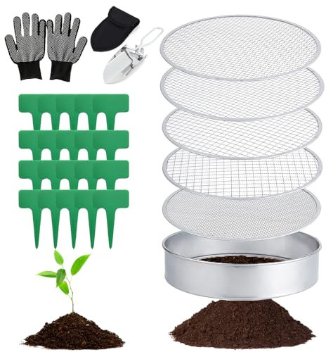 Gartensieb Rund, 5 in1 Gartensieb Edelstahl 20 cm, mit 5 Austauschbare Siebeinsätze Ø 3,6,9,10,12 mm, kompostsieb rund metall, inklusive Gartenschaufel und 20 Pflanzenetiketten 1 Paar Handschuhe.