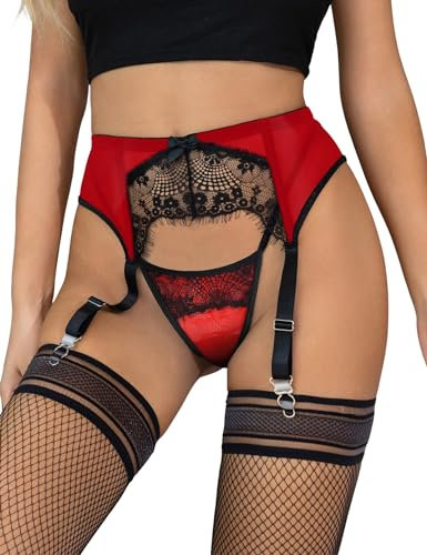 ohmydear Sexy Strapsgürtel Damen Wimpernspitze Strapse Dessous Mesh Strumpfhalter Knorpel Strapshalter 4 Clips Strumpfband mit String Strumpfgürtel Große Größen Reizwäsche Rot