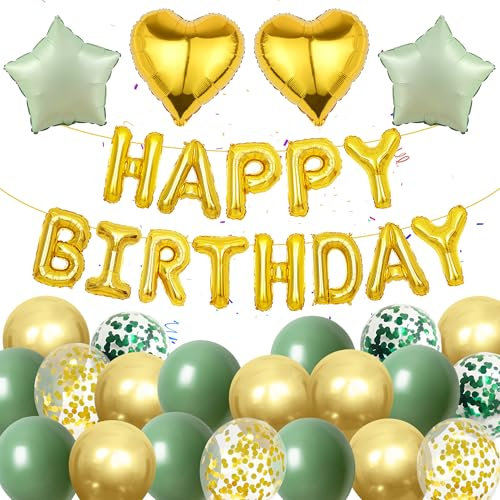Jungen Männer Geburtstag Dekoration Luftballons - 37 Stücke Grün Gold Happy Birthday Folienballons Banner Helium Ballon Girlande Geburtstagsdeko für Frauen Mann Erwachsene Kinder Party Deko