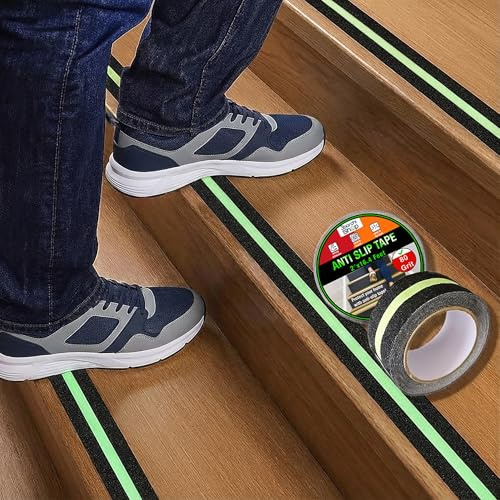 3BARCHI SHOP Glow in The Dark Anti Slip Tape for Stairs 2 Pack Safety Grip Strips 2in x 16.4ft Waterproof Non Skid Traction Tape for Indoor & Outdoor Steps Black with Bright Green Walk Caution Tape