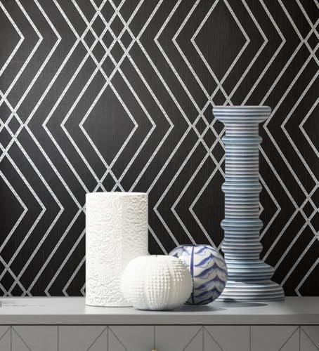 GAULAN 683542 Papier peint art déco géométrique fond noir avec lignes métalliques argentées pour mur salon chambre couloir salle à mange tête de lit - Rouleaux de 10 m x 0,53 m