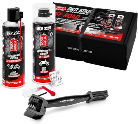ERRECOM 1000 Miglia Clean&Lube Kit Catena Moto OFF-ROAD include Sgrassante Catena Bombola Alta Pressione 500mL+Lubrificante Catena Moto Fuori Strada 500mL+Huggie System e Prolunga90°+Spazzola+Guanti