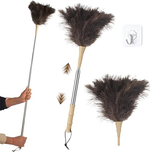 Plumero de Plumas de Avestruz, Plumero Telescopico Extensible hasta 186 cm,Lavable, Antiestático, no Raya, con Mango de, para Techos, Ventiladores de Techo, Muebles, Coches y Superficies