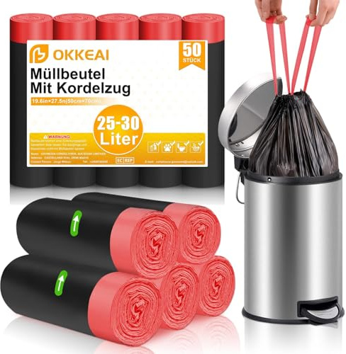 OKKEAI Sacchetti Spazzatura 30L con Coulisse, 50 Sacchetti Neri (50×55cm), Ideali per Cucina, Ufficio e Rifiuti Domestici
