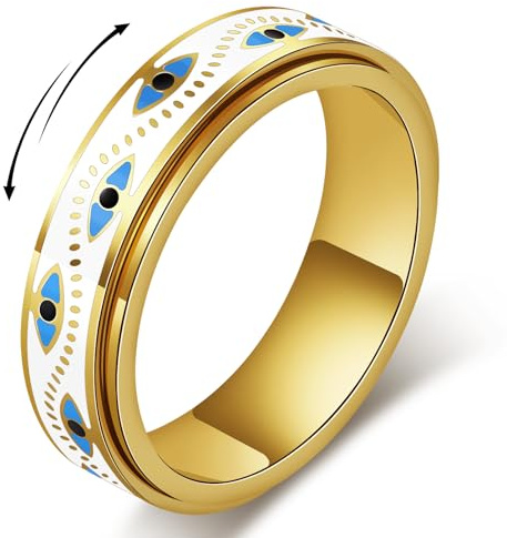 YellovEvey Evil Eye Fidget Ring for Women - Anxiety Relief Spinner Jewelry,18K Gold Plated Stainless Steel Turkish Ojo Turco Protection Rings Gift for Adults (Gold, 7)