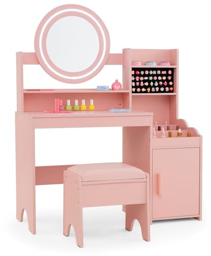 INFANS Kids Vanity with Lights, Princess Makeup Desk with Mirror Storage Shelves, Toddler Table and Chair Set Pretend Play for Girls Aged 4-9