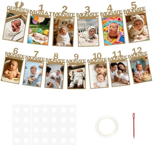 Alaoo Foto Girlande 1 Geburtstag, Happy Birthday Banner, Girlande zum Geburtstag 1 bis 12 Monate, Glitter zum Aufhängen Girlandes Geburtstags Partydeko, Baby Meilenstein Girlandes für Mädchen Jungen