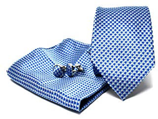 Krawatte Set mit Gestreifte Hellblaue Krawatte, Einstecktuch und Manschettenknöpfe für Herren - 100% Seide - Elegant und Modern - (Geschenk, ideal für Männer zum Geburtstag, eine Hochzeit)