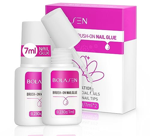 Colla per Unghie Finte Professionale, BOLASEN Colla per Unghie Finte con un Pennello, Collante per Unghie, Super Forte Colla Unghie Tip Unghie per Unghie Artificiali e Decorazioni Strass-2 * 7ml
