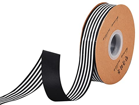 Jomnvo 50 meter svartvitt randigt grosgrain band jul grosgrain tygband för festival gåva inslagning bågar tillverkning krans dekoration (svart och vit, 2,5 cm)