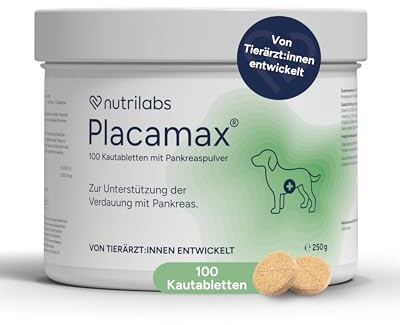 NutriLabs Placamax® Compresse per Cani 100 Pezzi - Compresse per la digestione con polvere di ananas, vitamine, polvere pancreatica ecc. - Prodotti per la salute per cani - Integratore alimentare cane