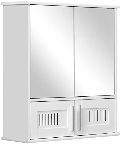 kleankin Bathroom Mirror Cabinet, Wall Mounted Storage Cupboard with Double Doors and Adjustable Shelf, Bathroom Organizer, White