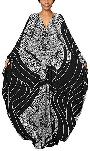 YouKD Broderad och blommig sommarklänning med lös passform i bomull, kaftan och boho-stil. Strandklänning, bikini-övertäckningsklänning i stor storlek, för kvinnor, en storlek