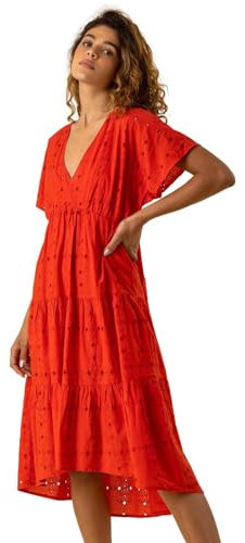 Roman Originals Women Broderie Tiered Smock Dress - Ladies Spring Holiday Summer Casual V-Neckline Short Sleeve Relaxed Lined Comfy Dresses Cotton Frill - Red - Size 18