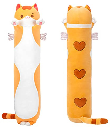 Mewaii Cuscino morbido a forma di gatto, lungo 129,5 cm, con peluche a forma di gattino che dorme e abbraccia, giocattolo per bambini (arancione)