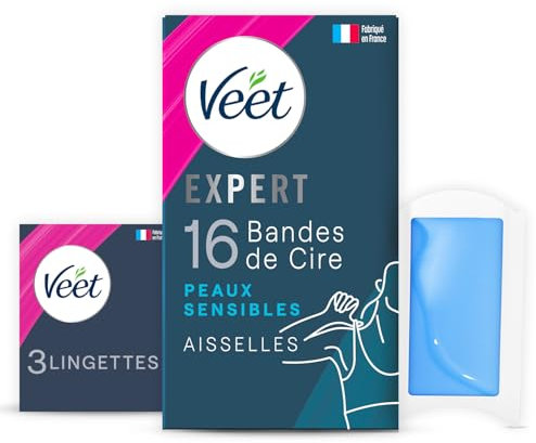 Veet EXPERT - 16 strisce di cera fredda per ascelle, pelli sensibili, finitura perfetta, depilazione a lunga durata
