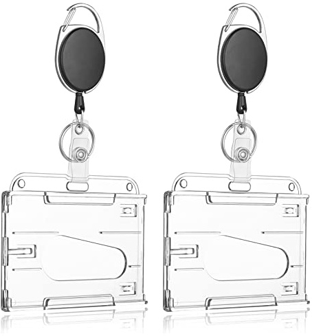 Cobee 2 Pack Hard Plastic Badge Holders with Heavy Duty Badge Reels, Clear ID Card Holder Retractable Badge Reel Clip Thumb Slot Credit Card Protector for Nurse Doctor Teacher Office(Horizontal)