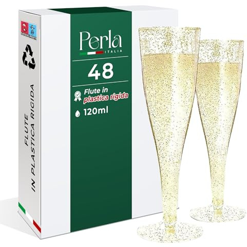 Perla - 48 Flute da Champagne Eleganti in Plastica - 120ml - Calici Trasparenti Glitterati Oro - Resistenti e Riutilizzabili - Bicchieri da Brindisi per Feste Compleanni Matrimoni Natale Capodanno