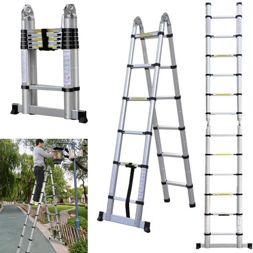 Royalswill Escalera telescópica plegable de 3,8m con estabilizador,1,9m+1,9m,escalera multiusos extensible,escalera plegable,escalera multiusos,escalera extensible,escalera antideslizante,capacidad
