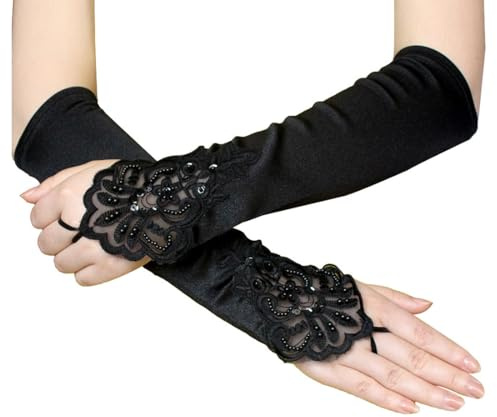 JRYXDS Guantes Largos de Satén y Encaje, Guantes sin Dedos de Encaje para Mujer, Talla 35, Negro, Floral, Adecuado para Novias, Bodas, Fiestas de los Años 20, Fiestas Nocturnas y Ocasiones Formales