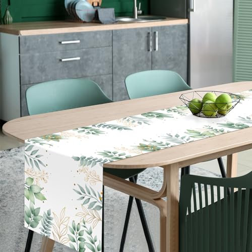 LOHAME Eukalyptus Tischläufer Waschbar Frühling Tischdeko 185 x 35cm Grünes Blätter Tischdecke Sommer Taufe Tischband für Kommunion Hochzeit Urlaub Party drinnen draußen Wohnzimmer Deko