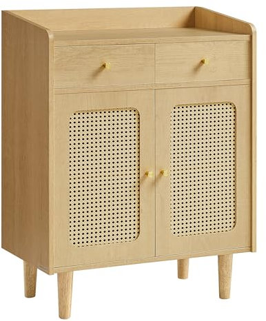 SONGMICS HOME BOHOVEN Collection - Buffet Cannage, Meuble de Rangement, Placard avec Portes et Tiroirs en Rotin, Étagère Réglable, Style Bohème, pour Salle à Manger, Salon, Beige Chêne