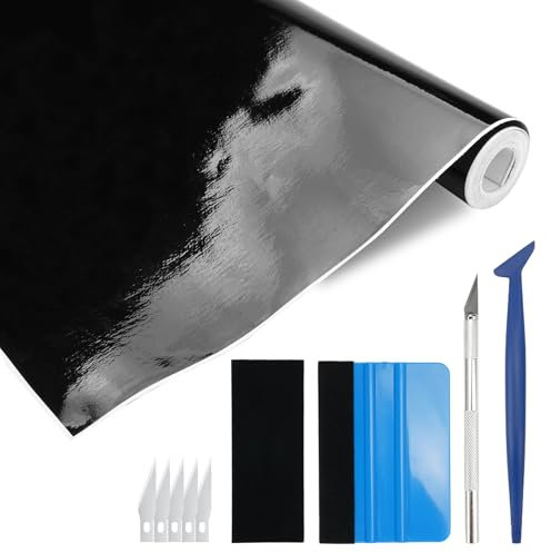 30 x 300 cm Autofolie, wasserdicht, blasenfrei, Abdeckung, schwarz, glänzend, selbstklebend, Vinylfaser, Autoschutz, DIY, mit Werkzeug, für Motorrad, Fahrrad, Innenräume