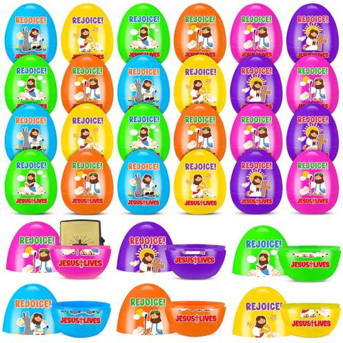 Silipull 72 Stück religiöse Ostereier, Großpackung, christliche Plastikeier für die Jagd, Jesus lebt, helle bedruckte Dekorationen, ungefüllte Ostergeschenke für Sonntagsschule, Partygeschenke