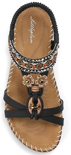 Littleplum Sandaler damer fritid platt sandalett med strass pärlor bohemia strandskor casual ankelelastiska flip-flops, SKT8068E, B svart, 42 EU