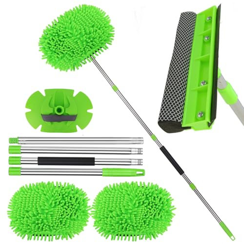 62 Car Cleaning Brush Microfibre Mop Mitt with Long Handle & 2in1 Window Cleaner Tool with Squeegee and Sponge,2Chenille Heads+1Plastic Mop Mitt Base+1Scratcher Sponge Window Squeegee+157cm Pole