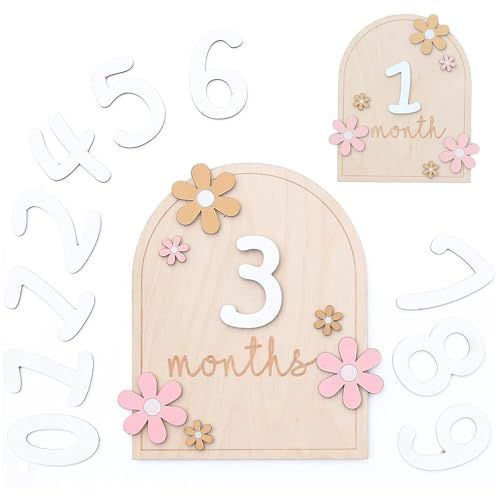 EUYKQNOI 1 Pcs Tarjetas de Hitos Mensuales para Bebe con Puntos de Pegamento Estilo Flor Tarjeta Mensual de Madera Bebés Accesorios para Fotos para Bebés de 0-12 Meses Baby Shower