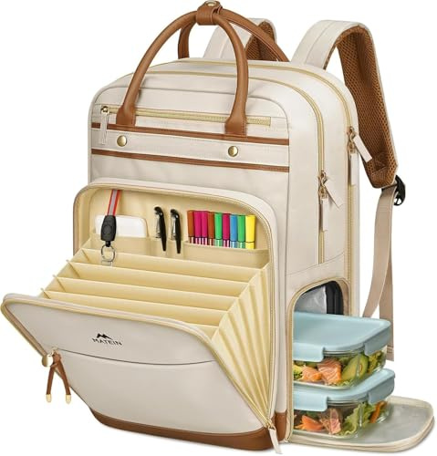 MATEIN Work Bag with Lunch Compartment Detachable, 15.6 Inch Laptop Rucksack for Women with Organised Pocket, Lunch Backpack for Women Teacher, College, Nurse, Beige