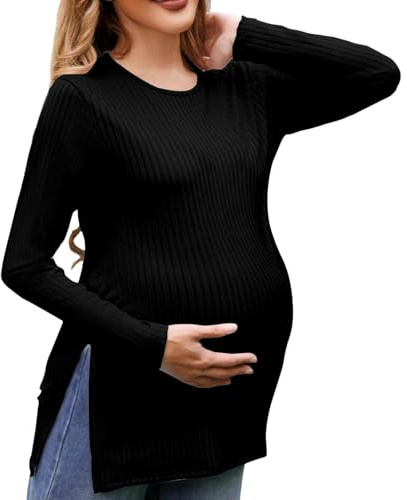 Vestido de maternidad, camiseta de maternidad para mujer, camiseta básica escalonada, camiseta informal de embarazo, manga larga, estilo de gimnasia, Negro , M