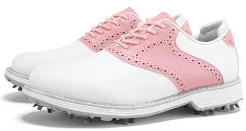 ZHENSI Scarpe da Golf Spikes da Donna Impermeabili da Lavoro da Golf in Pelle con Lacci Antiscivolo,Pink b,38 EU
