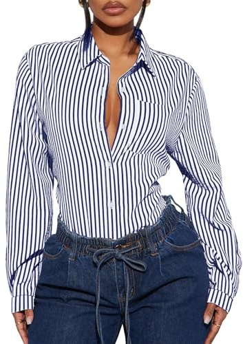 Navneet Women Blouses Button Down Long Sleeve Shirts Striped Going Out Tops Oversized Shirts Office Wear Work Blue M