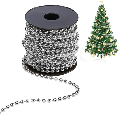 Perlenkette Weihnachtsbaum Kette 5m Weihnachtsschmuck Kugelkette Perlengirlande Weihnachten Christbaumkette Christbaum Spitze Christmas Decorations Christbaumschmuck Weihnachtsbaumschmuck (Silber)
