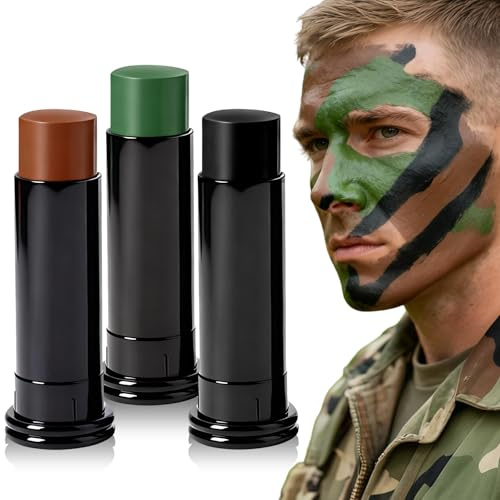 3 Couleurs Kit de Peinture Camouflage Visage et Corps, Bâtons de Maquillage Tactique pour Bodypainting, Halloween, Chasse et Activités Extérieures, (Noir, Brun, Vert)