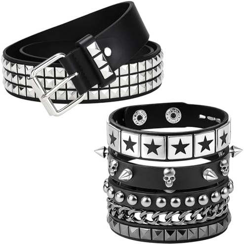 Wvbzf Studded Belt, Black Studded Belt with 3 Bracelet, Goth Silver Pyramid Square Studs Vintage Punk Single Prong Buckle Belts for Jeans Rockwear Women Men