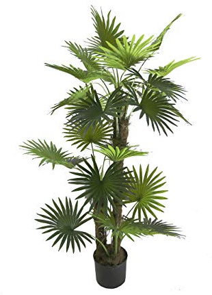 5 Feet AMERIQUE Unique Tropical Fan Palm Tree Artificial Silk Plant, UV Protection, Indoor and Outdoor Display, with Nursery Plastic Pot, Feel Real Technology