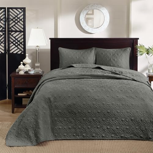 Madison Park Quebec Reversible Damask Design, Double Sided Quilting All Season, Lightweight Coverlet Bedspread Bedding Set, Matching Shams, Queen(102x118), Dark Grey
