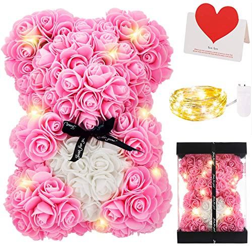 Zodight Oso de Rosas, Oso de Peluche Rosa con Caja Regalo + Cadena de Luz + Tarjetas felicitacion, Oso de Artificial Regalo para Madres/Novia/San Valentín/Cumpleaños/Bodas/Graduación/Aniversarios