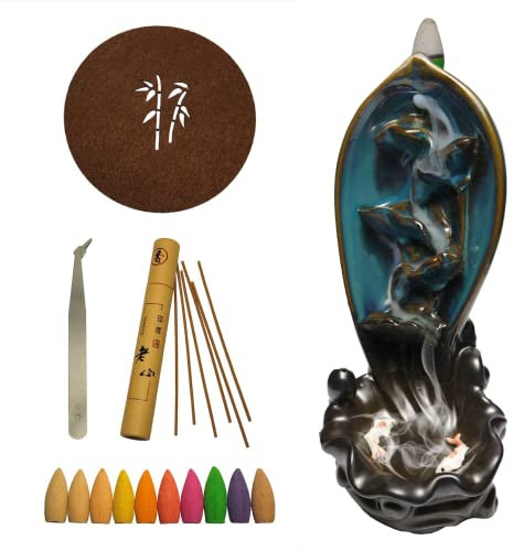 Bruciatore Incenso a Cascata in Ceramica Artigianale | Kit 20 Coni Aromatici Naturali + 25 Bastoncini | Effetto Rilassante Anti‑Stress per Yoga, Aromaterapia, Massaggi | Regalo Originale per la Casa