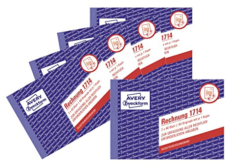 AVERY Zweckform 1714-5 Rechnung (A6 quer, 2x40 Blatt, selbstdurchschreibend mit farbigem Durchschlag, mit Netto- und Bruttobetrag, MwSt. uvm, speziell für Österreich) 5er-Pack, weiß/gelb, Blau
