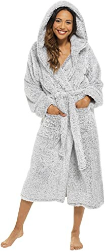 KATE MORGAN Ladies Dressing Gown Fluffy Super Soft Hooded Bathrobe for Women Plush Fleece Perfect Loungewear Long Robe | Gifts for Women S Grey