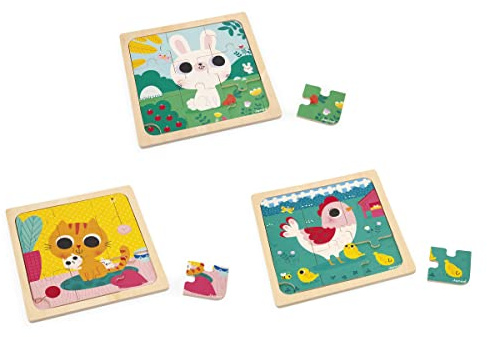 Janod - 3 Puzzle in Legno da 9 Pezzi - Gallina, Gatto, Coniglio - Giocattolo per Bambini - Gioco Educativo Prima Infanzia - Dai 18 Mesi, J07113